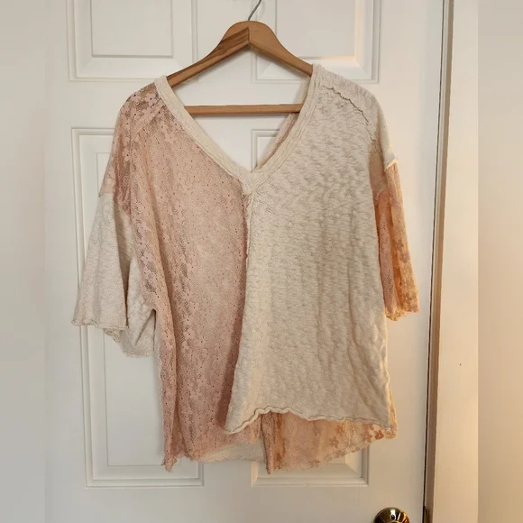 Pol Floral Lace Top Tee Cotton Size Large Pink & Cream Feminine Romantic - Picture 1 of 10